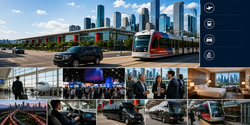Transportation and business travel during Houston conventions featuring airport transfers, executive transportation, convention center access, business networking travel, and Houston corporate event logistics.